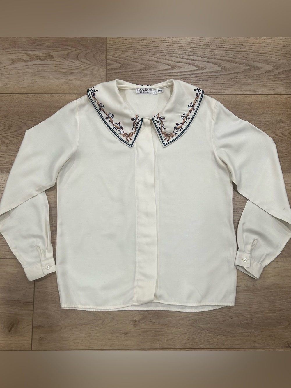 JoS.A.Banks cream blouse with embroidered Peter Pan collar